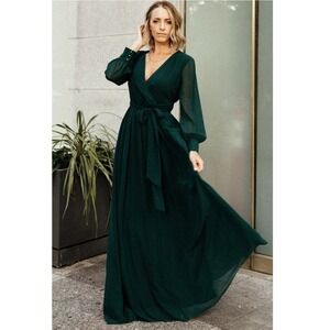Baltic Born Lydia Maxi Dress Emerald Green Chiffon Long Sleeve Wrap Womens XL